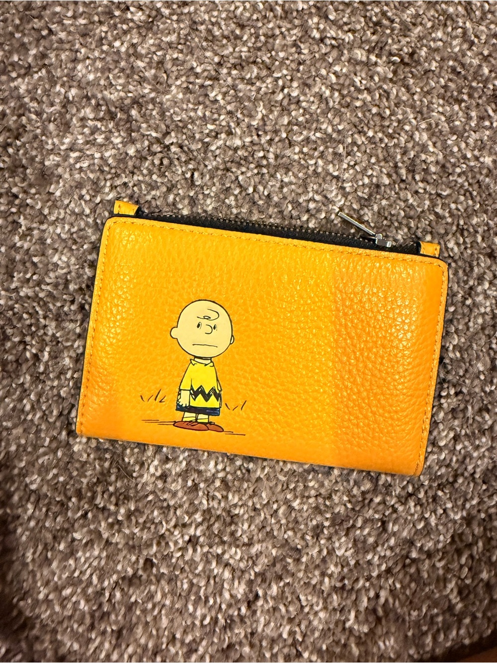 Coach Yellow Pebbled Leather Zip Card Case featuring Charlie Brown